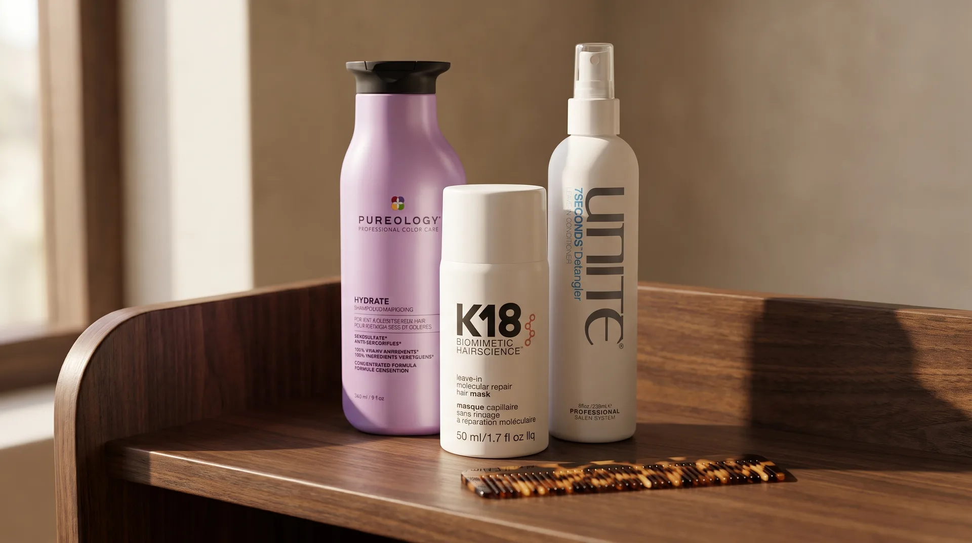 An illustrative brand still life: a Pureology Hydrate Shampoo bottle, a K18 Leave-In Molecular Repair Hair Mask and a UNITE 7SECONDS Detangler grouped on a walnut shelf beside a tortoiseshell comb, in warm daylight.
